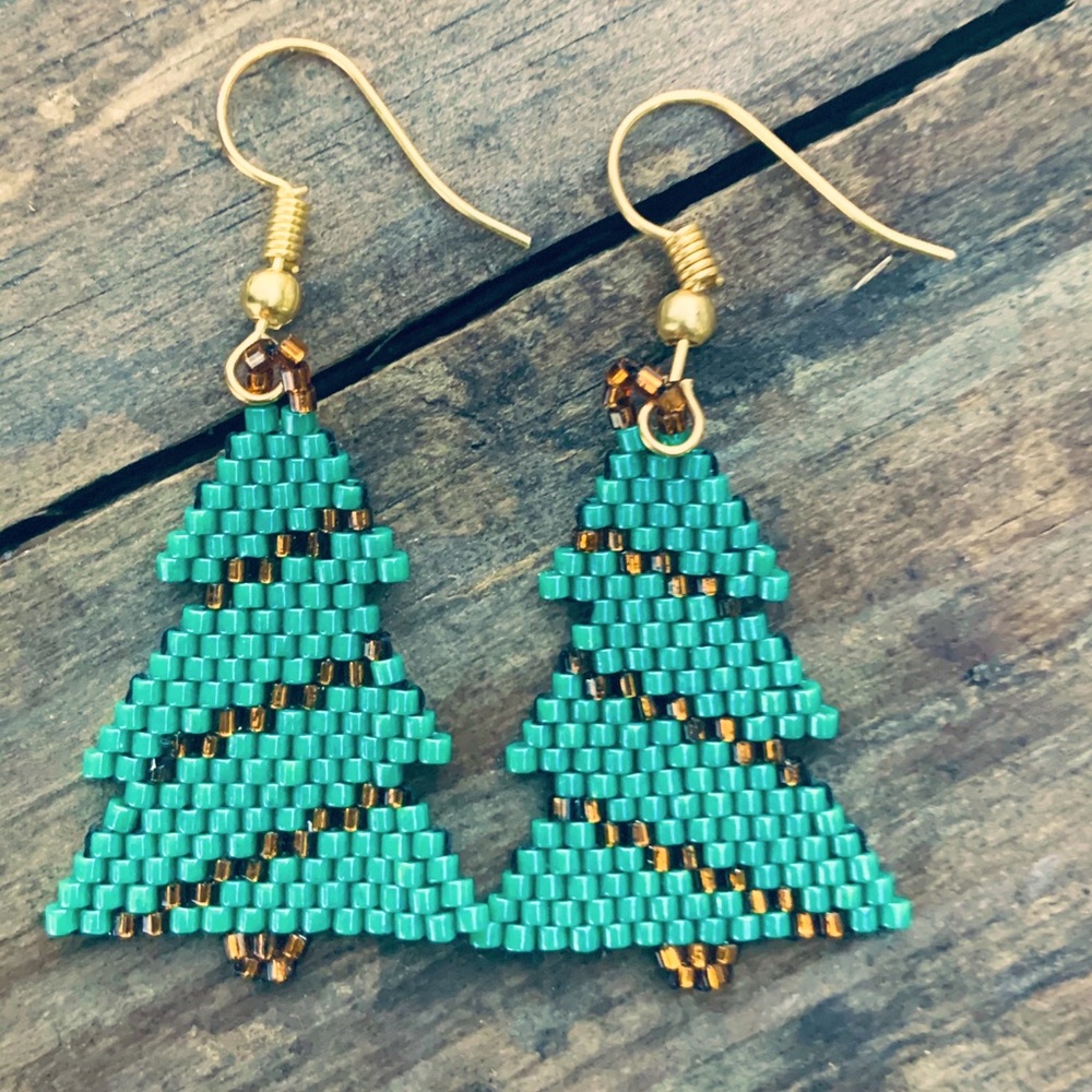 Beautiful Christmas Tree Earrings Huichol Art